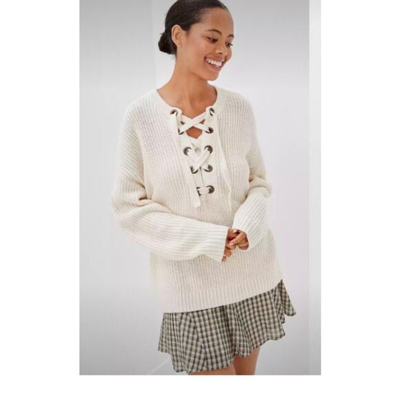 America Eagle lace up crew neck oversized sweater large cream - Picture 1 of 7